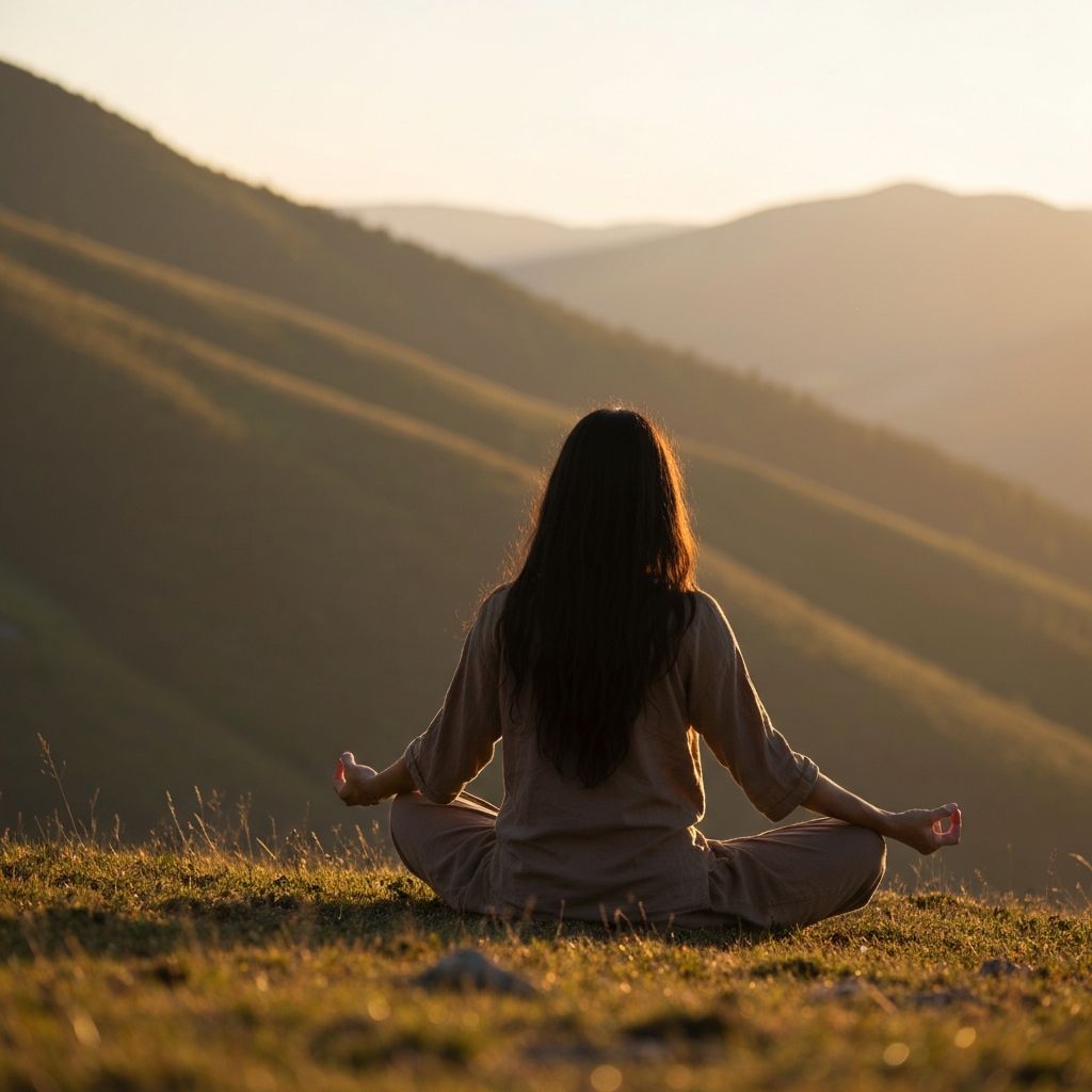 Person meditating in peaceful natural setting