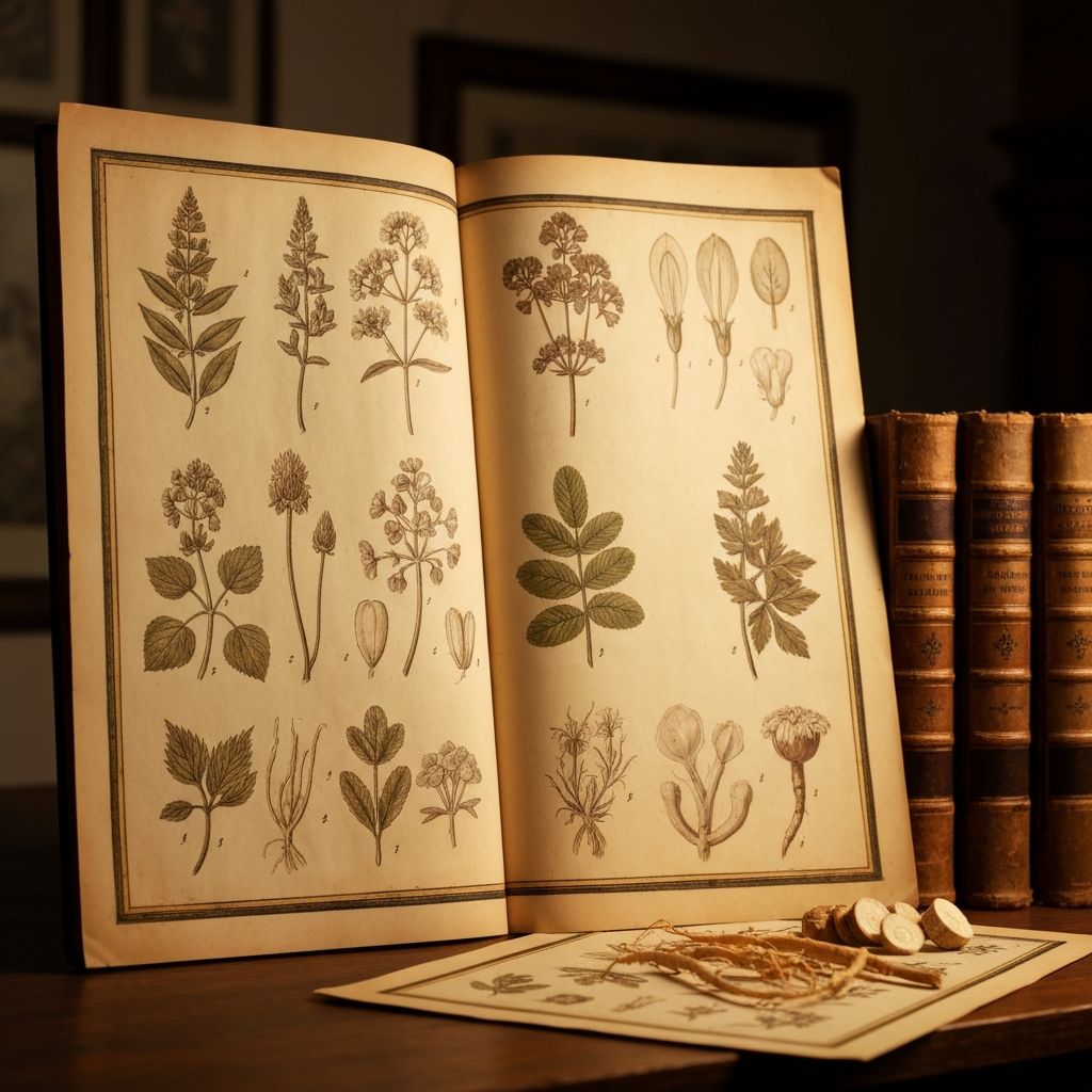 Historical herbalist manuscripts and dried roots
