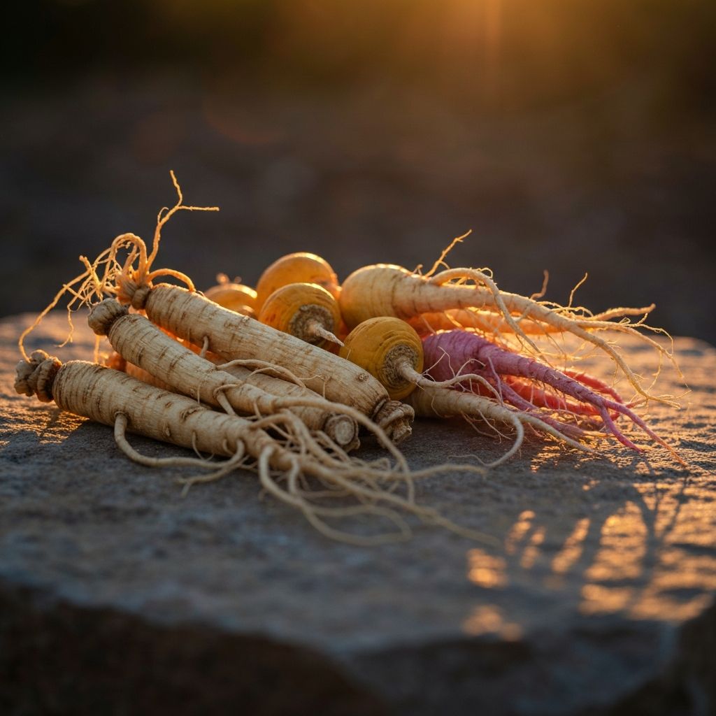 Dried ginseng and maca roots on natural stone with evening light